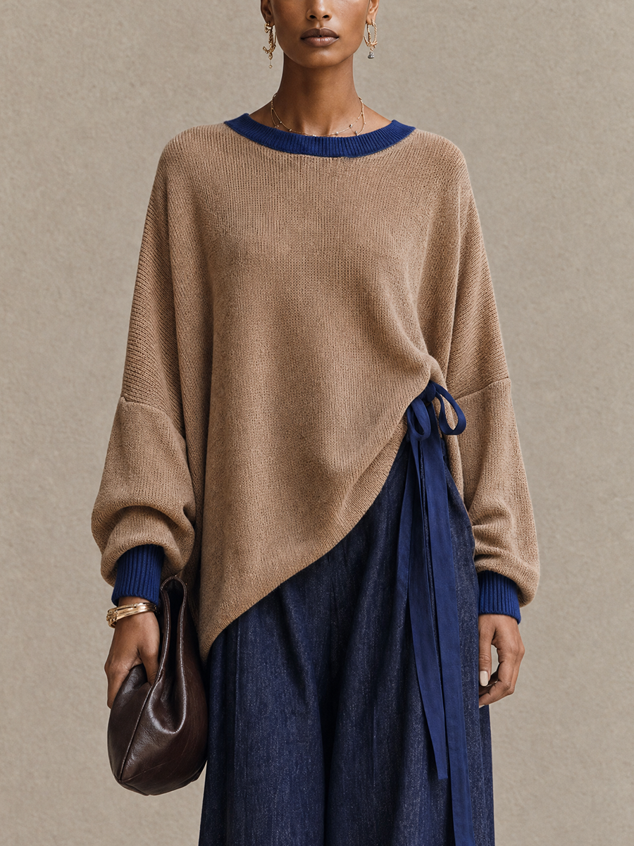 Women's Contrast Trim Casual Round Neck Sweater MDZ0747I2GMJ