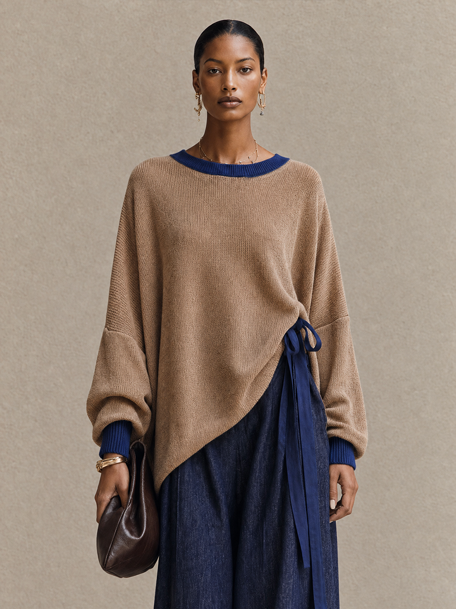 Women's Contrast Trim Casual Round Neck Sweater MDZ0747I2GMJ