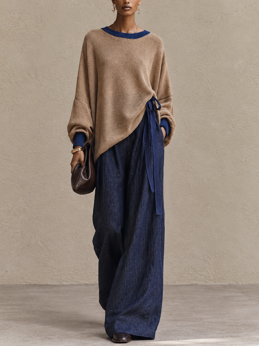 Women's Casual Contrast Trim Round Neck Sweater And Wide-Leg Pants Set MDZ0705I3GMJ