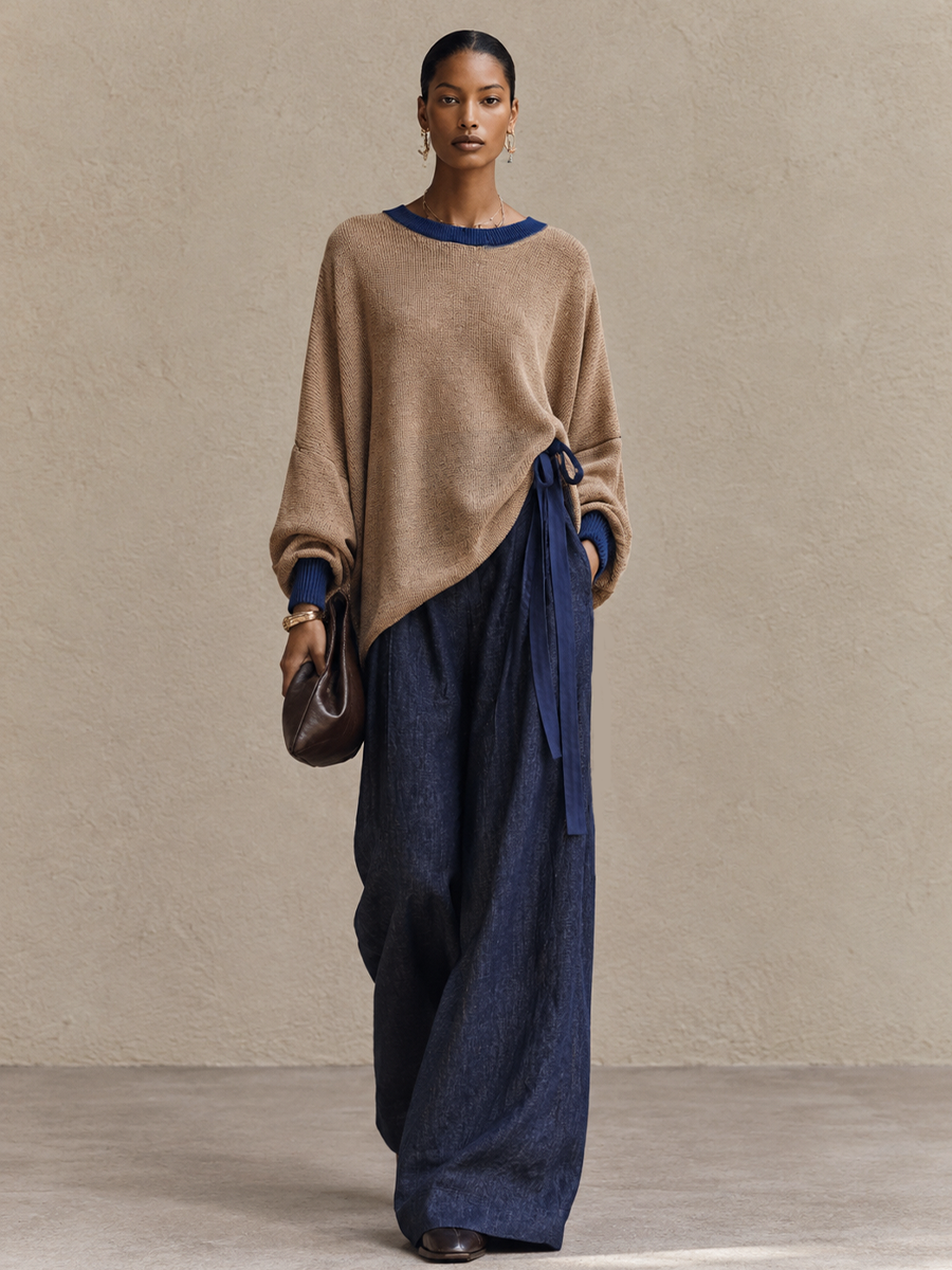Women's Casual Contrast Trim Round Neck Sweater And Wide-Leg Pants Set MDZ0705I3GMJ