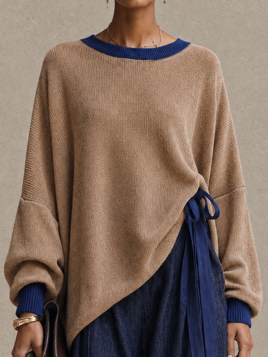 Women's Casual Contrast Trim Round Neck Sweater And Wide-Leg Pants Set MDZ0705I3GMJ