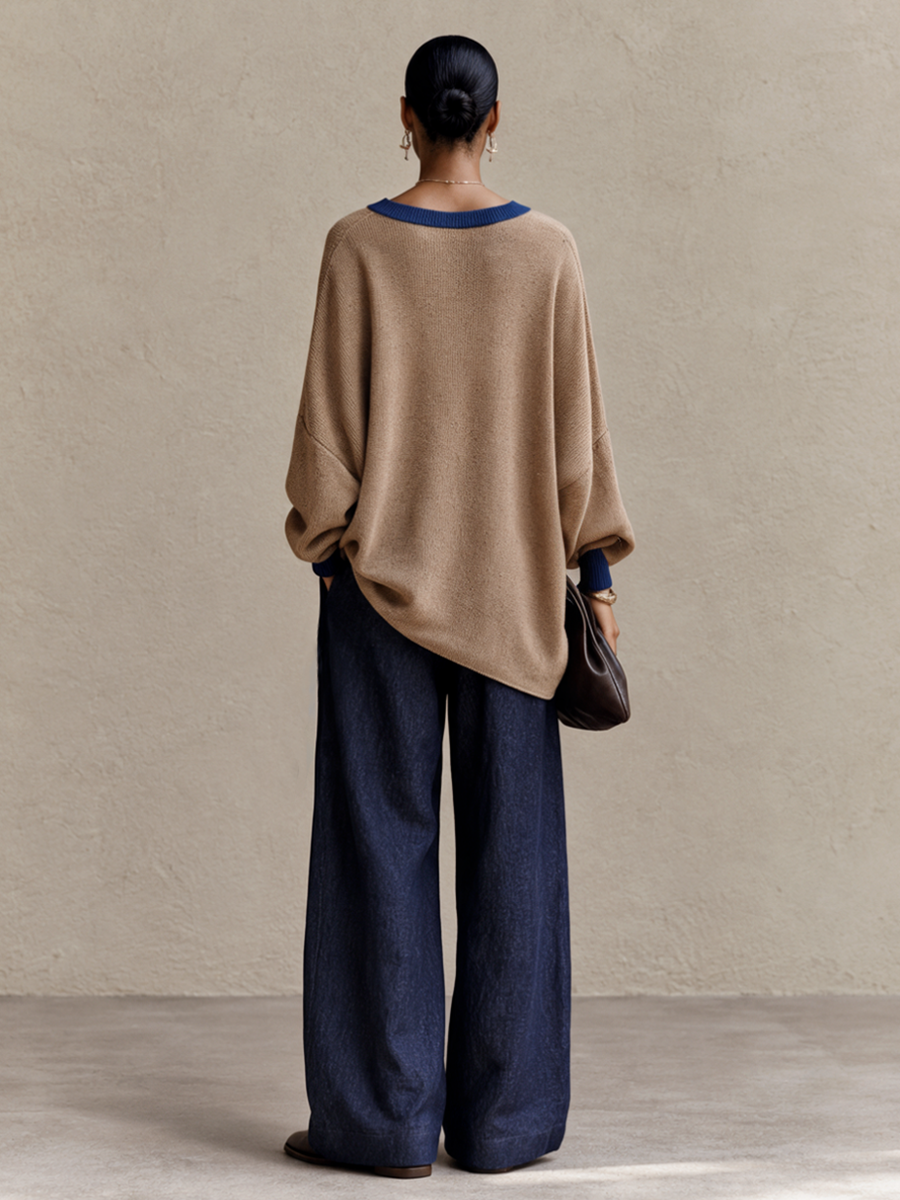 Women's Casual Contrast Trim Round Neck Sweater And Wide-Leg Pants Set MDZ0705I3GMJ