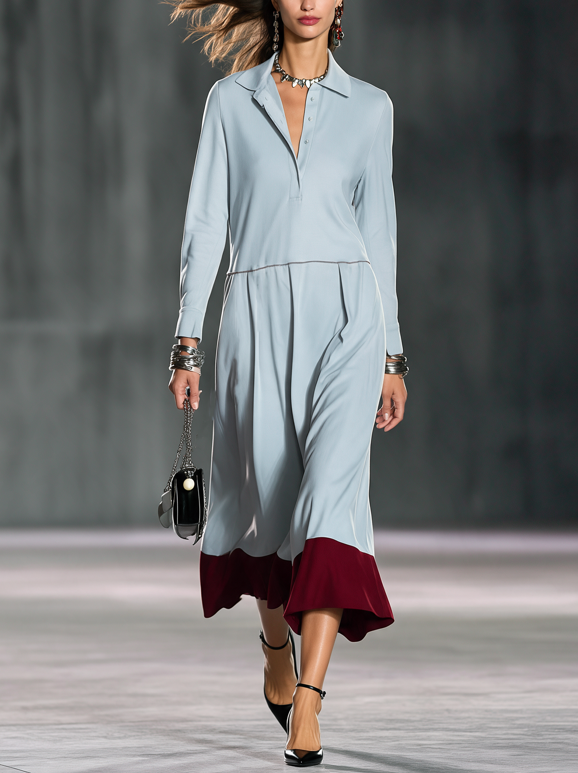 Women's Elegant Light Blue Stretch Knit Long-Sleeve Midi Dress MDZ0885I4LXY