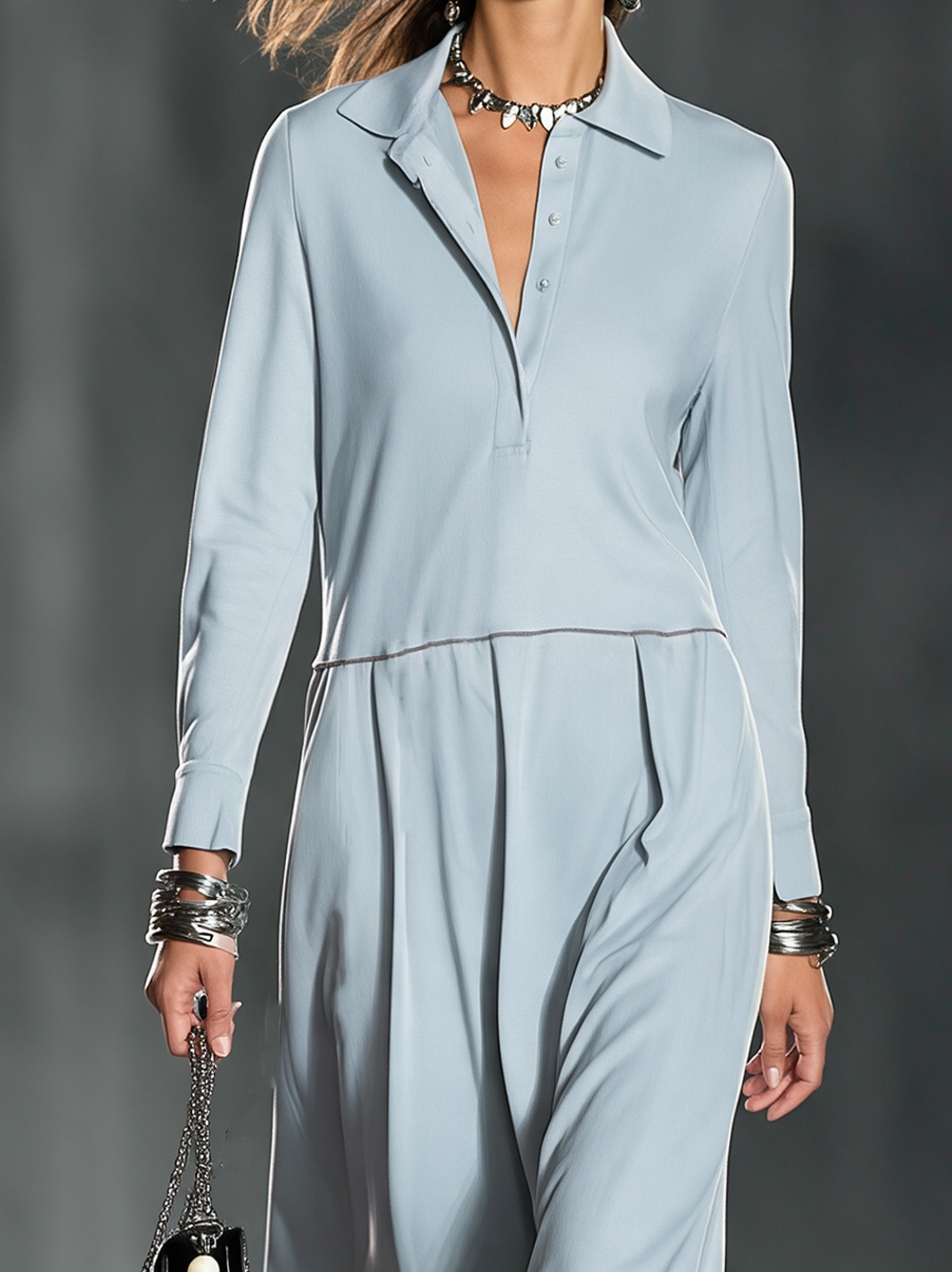 Women's Elegant Light Blue Stretch Knit Long-Sleeve Midi Dress MDZ0885I4LXY