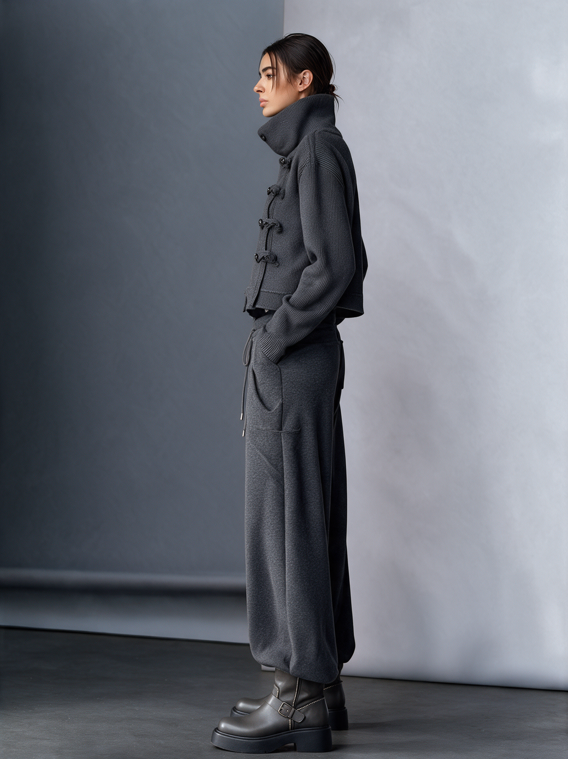 Women's High‑Collar Knit Military‑Style Cropped Jacket & Harem Wide‑Leg Pants Set MDZ0804I3R