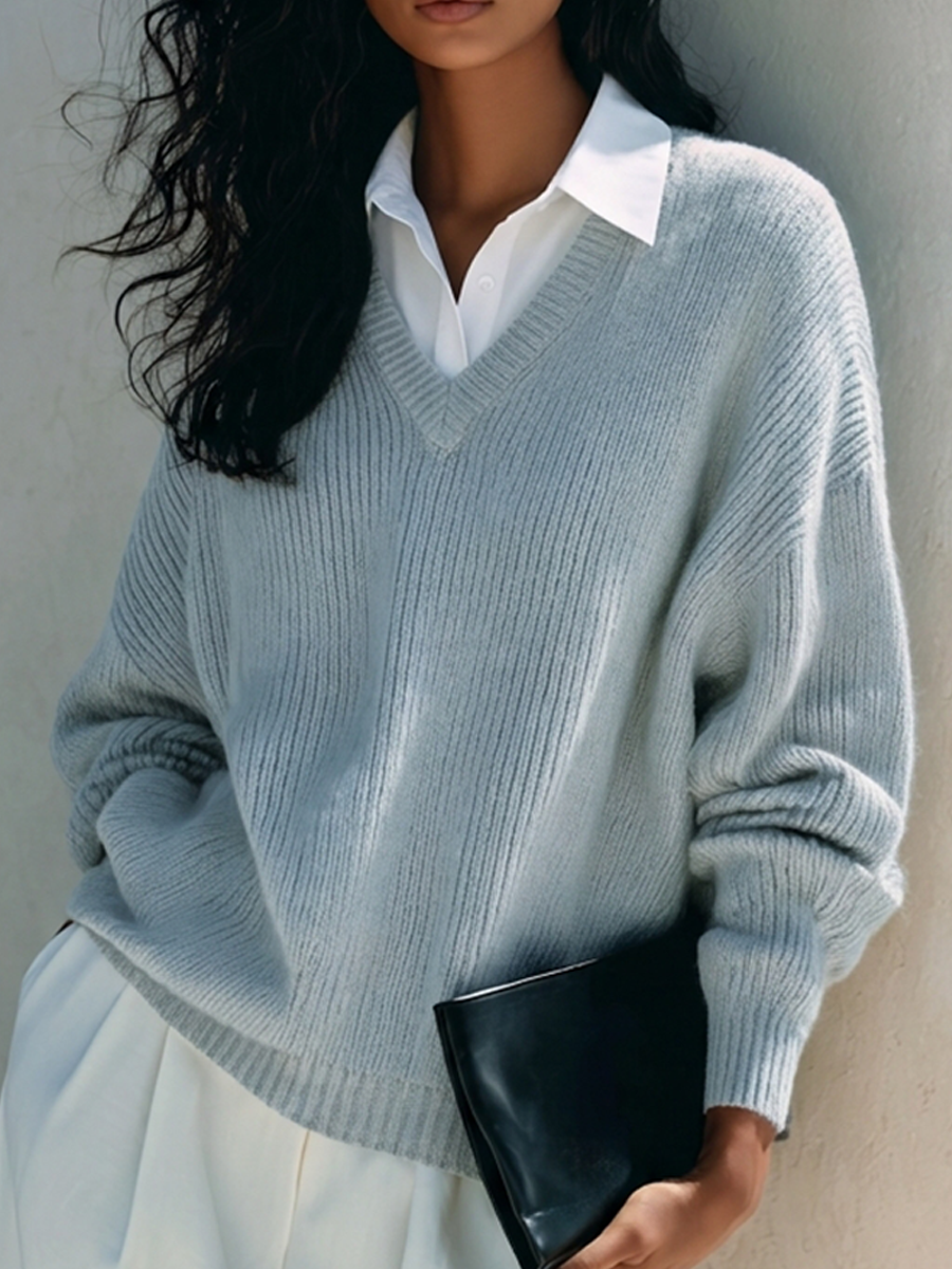 Women's Faux-Layer Knit Top With Shirt Collar MDZ0873I0ZRK