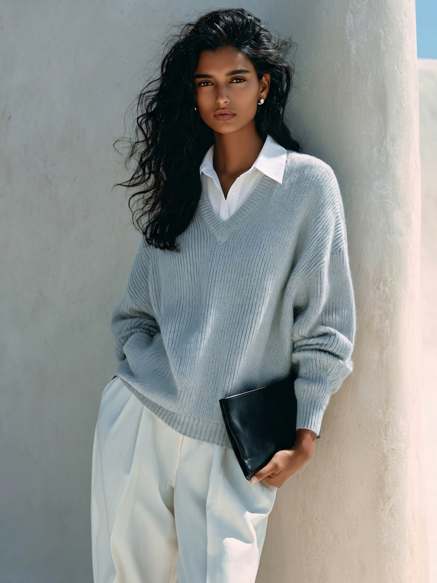 Women's Faux-Layer Knit Top With Shirt Collar MDZ0873I0ZRK