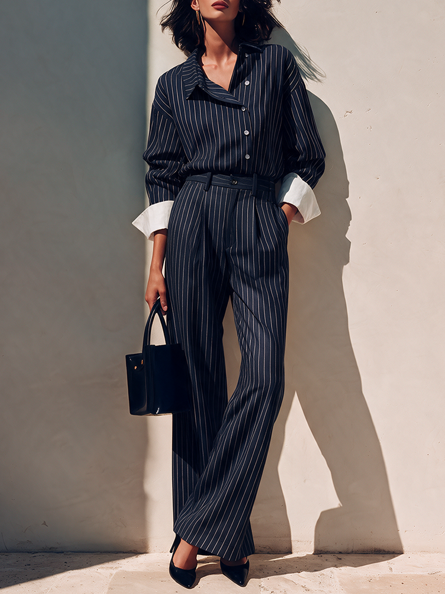 Women's Elegant Striped Shirt And Trouser Set MDZ0811I0ZRK