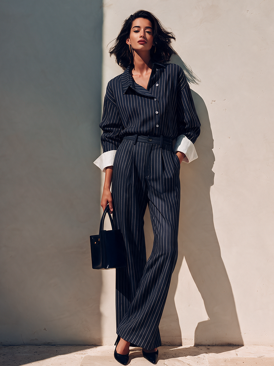 Women's Elegant Striped Shirt And Trouser Set MDZ0811I0ZRK