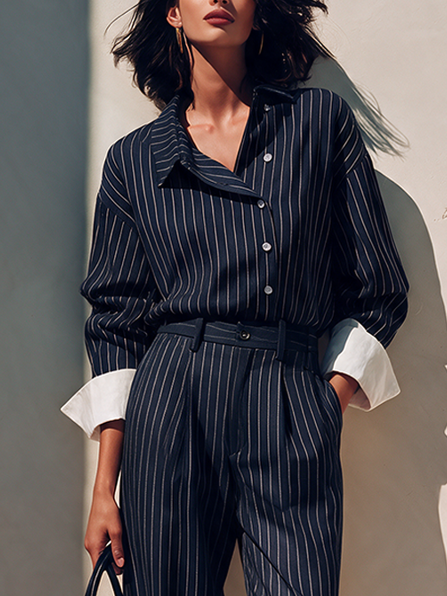 Women's Elegant Striped Shirt And Trouser Set MDZ0811I0ZRK