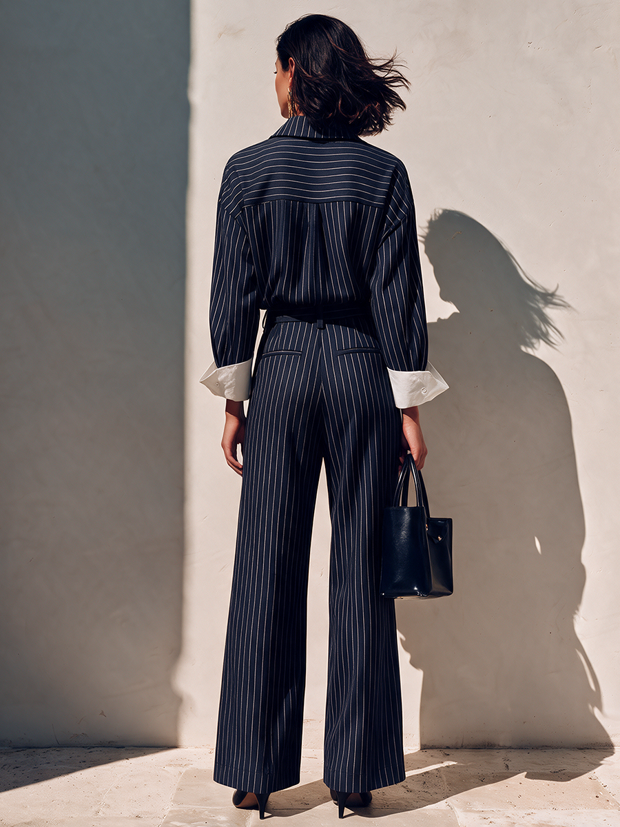 Women's Elegant Striped Shirt And Trouser Set MDZ0811I0ZRK