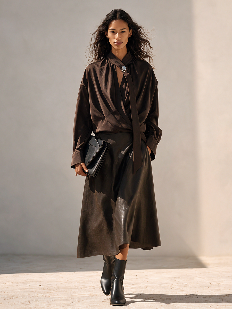 Women's Designer Shirt & Leather Skirt Set MDZ0806I3ZRK