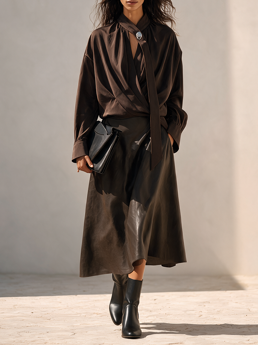 Women's Designer Shirt & Leather Skirt Set MDZ0806I3ZRK