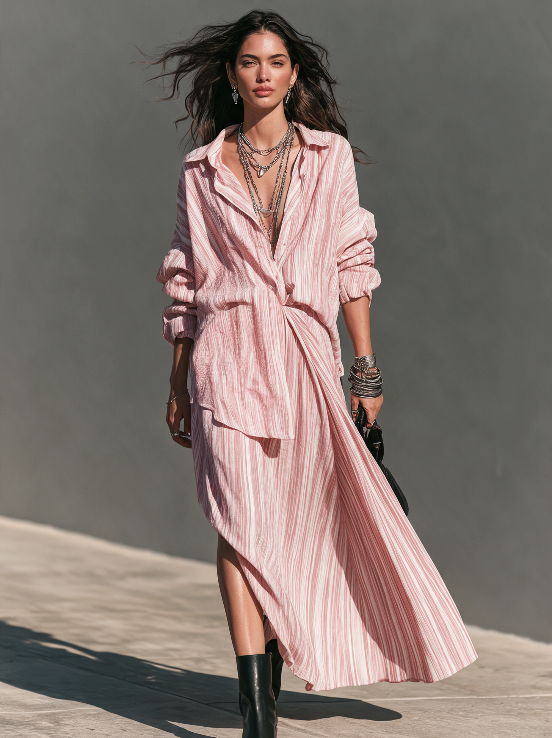 Women's Casual-Elegant Pink Striped Shirt And Skirt Two-Piece Set MDZ0862I6LXY