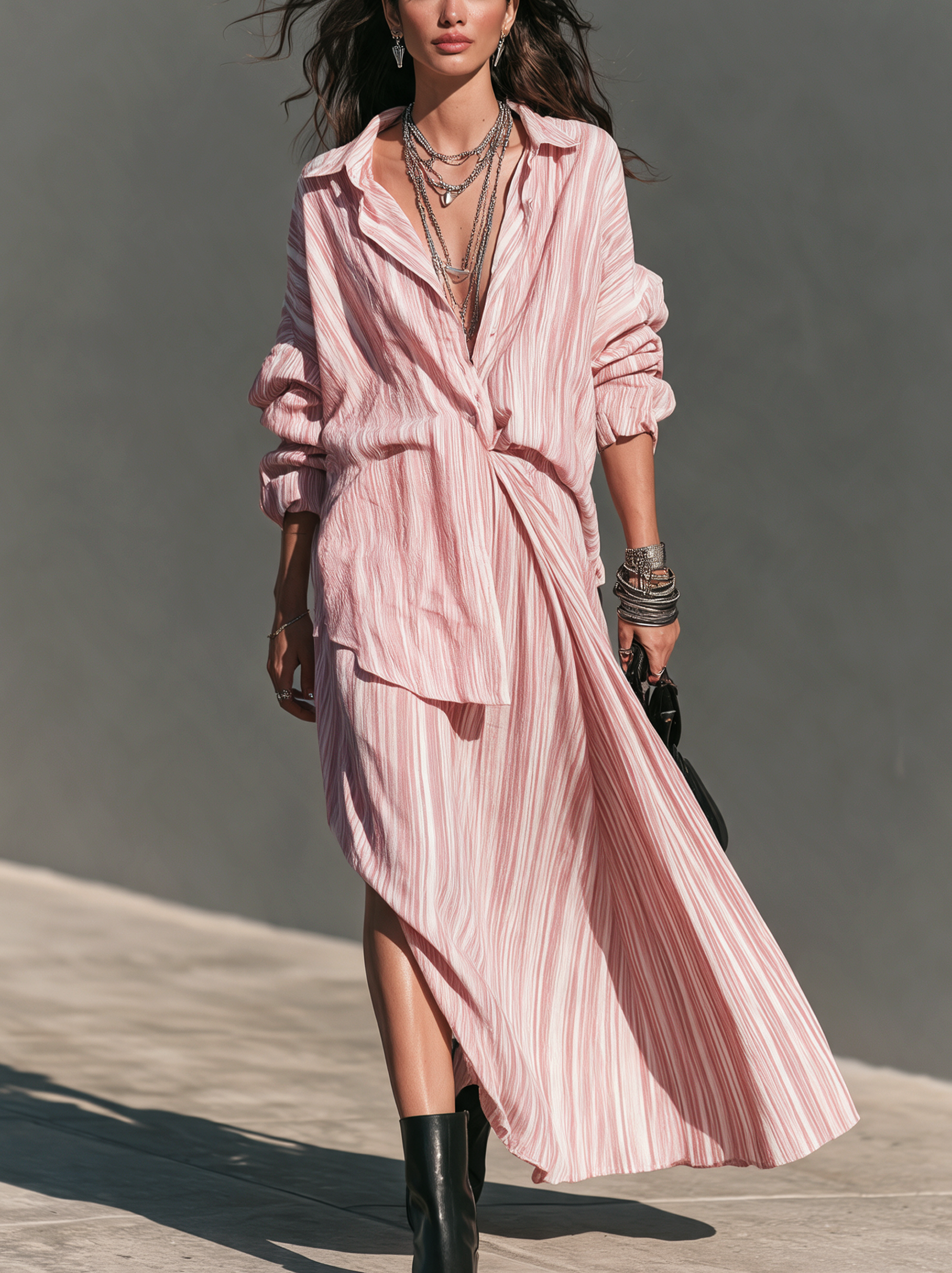 Women's Casual-Elegant Pink Striped Shirt And Skirt Two-Piece Set MDZ0862I6LXY
