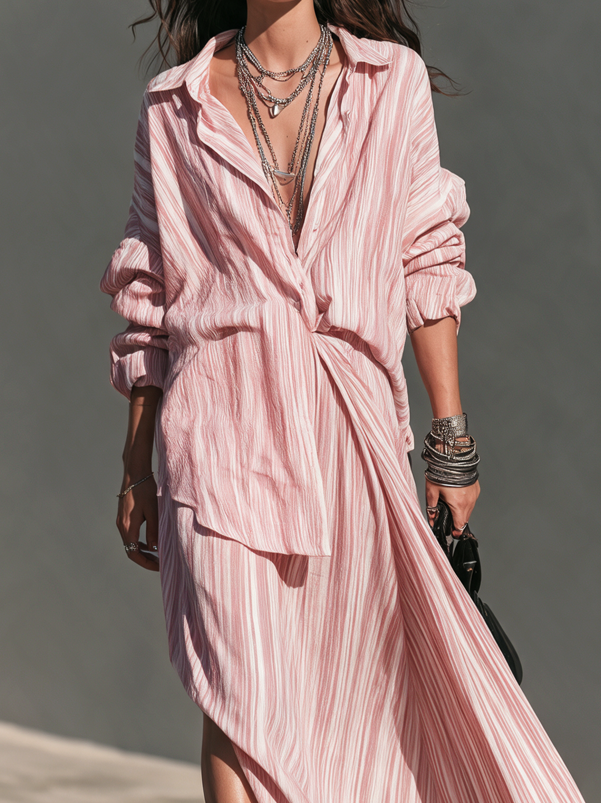 Women's Casual-Elegant Pink Striped Shirt And Skirt Two-Piece Set MDZ0862I6LXY
