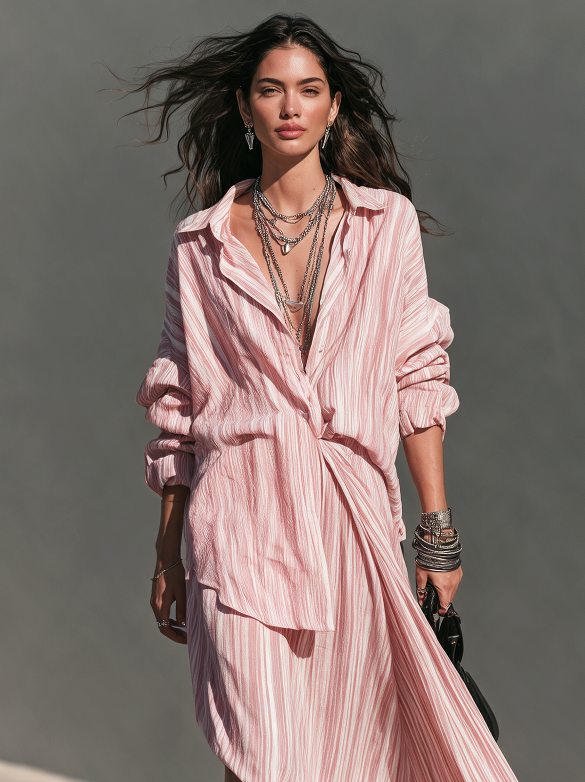 Women's Casual-Elegant Pink Striped Shirt And Skirt Two-Piece Set MDZ0862I6LXY