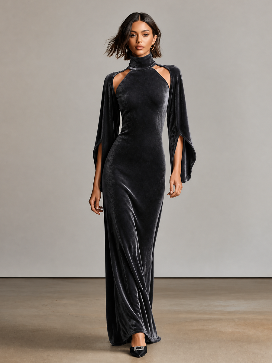 Women’s Velvet Flare‑Sleeve Cut‑Out Gown MDZ0865I4LYL