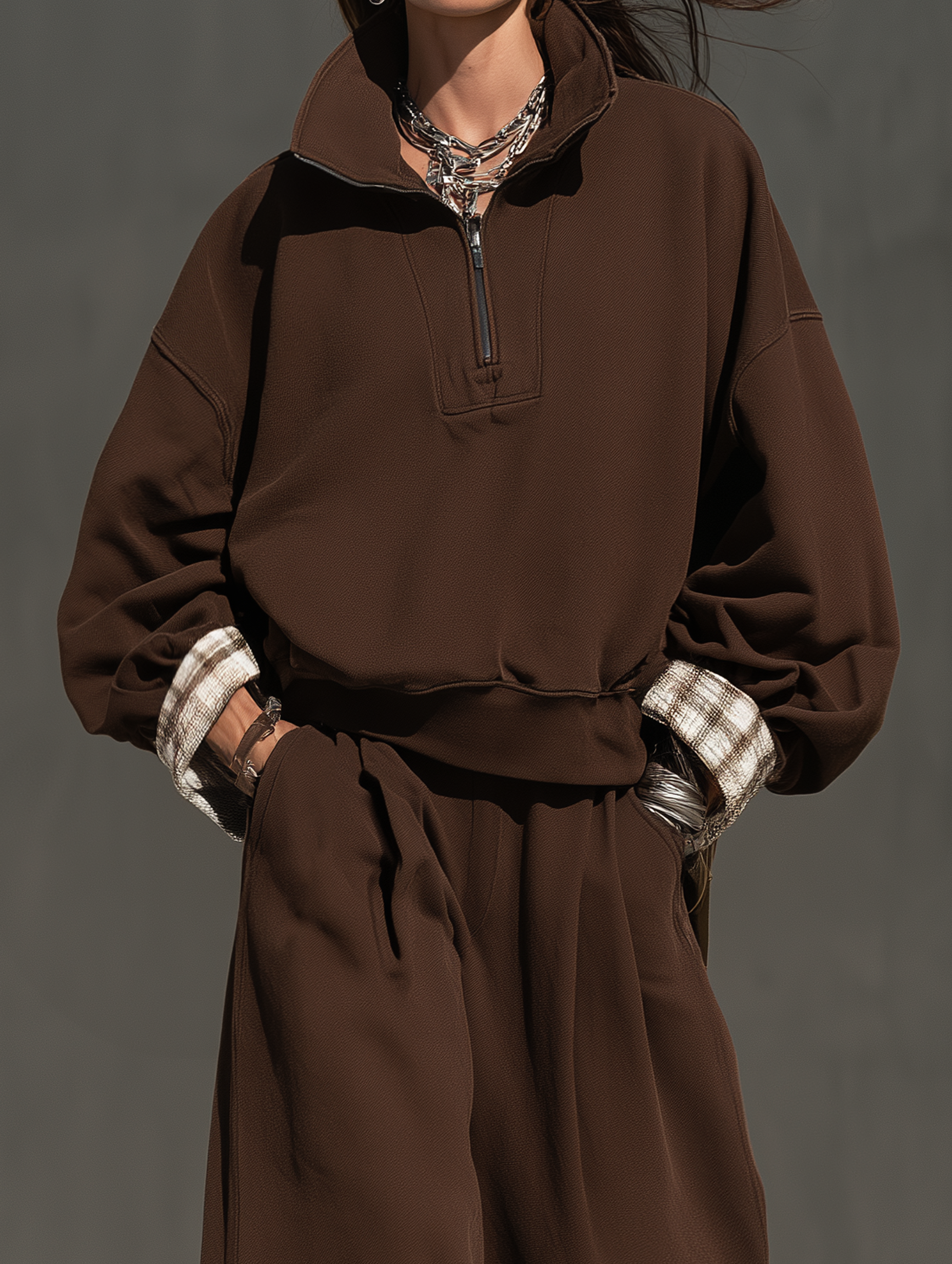 Women's Casual Long-Sleeved Top And Trousers In Brown Sweatshirt Fabric Two-Piece Set MDZ0853I7LXY