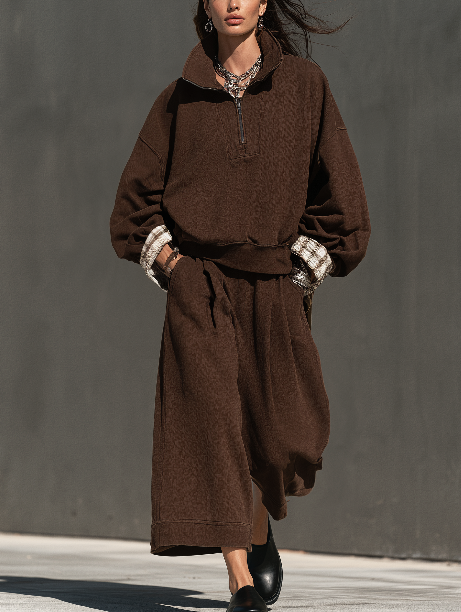 Women's Casual Long-Sleeved Top And Trousers In Brown Sweatshirt Fabric Two-Piece Set MDZ0853I7LXY