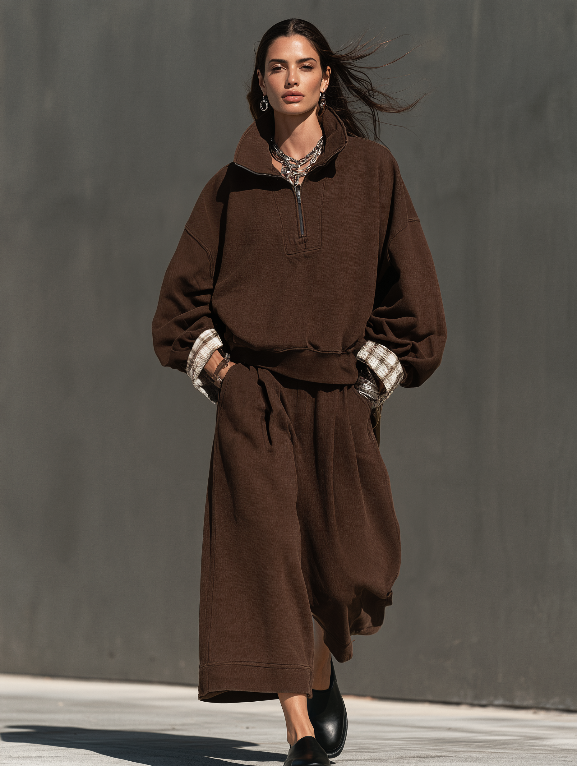 Women's Casual Long-Sleeved Top And Trousers In Brown Sweatshirt Fabric Two-Piece Set MDZ0853I7LXY