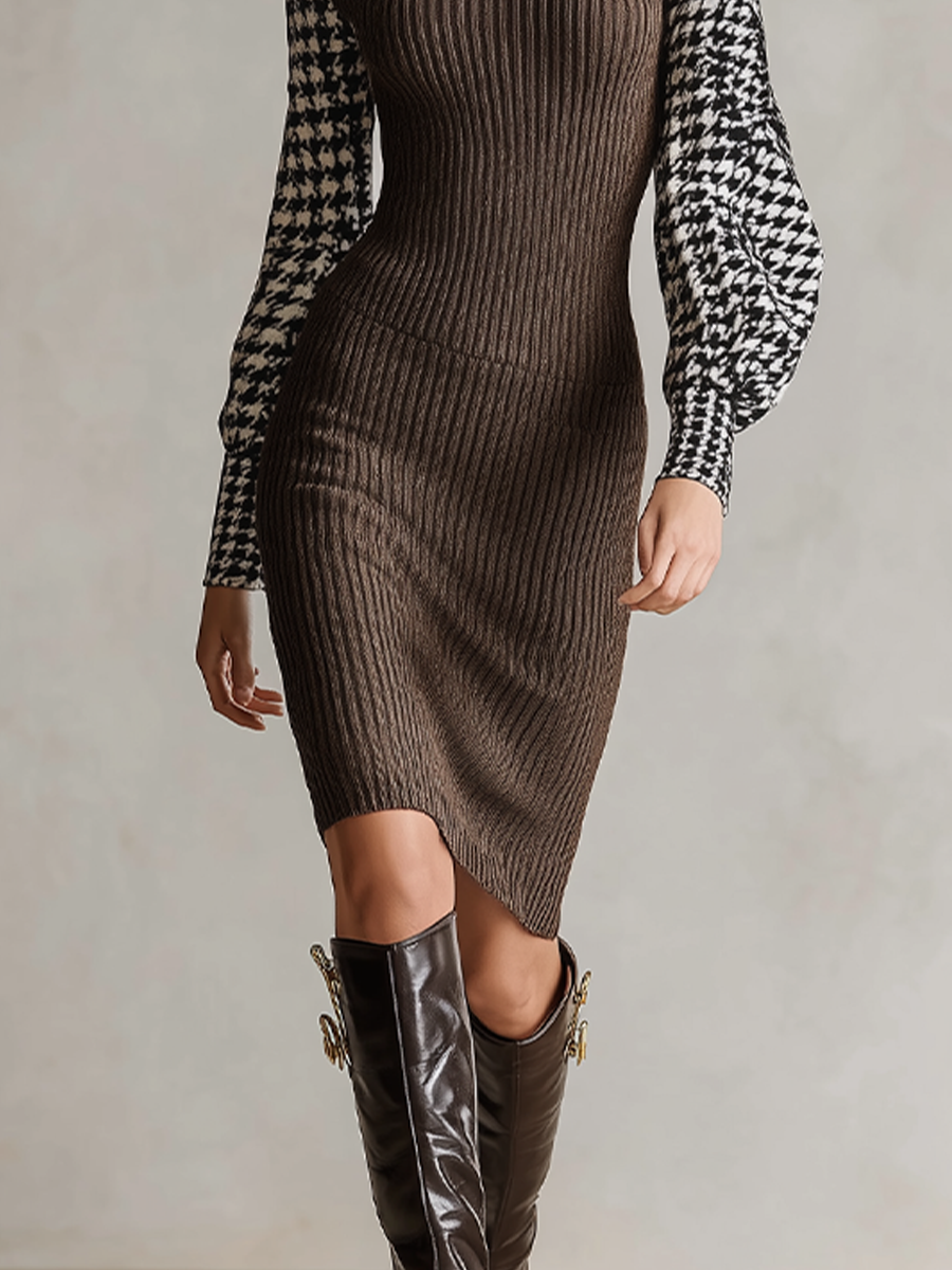 Women's Slim‑Fit Houndstooth Color‑Block Turtleneck Midi Sweater Dress MDZ0875I0LYL