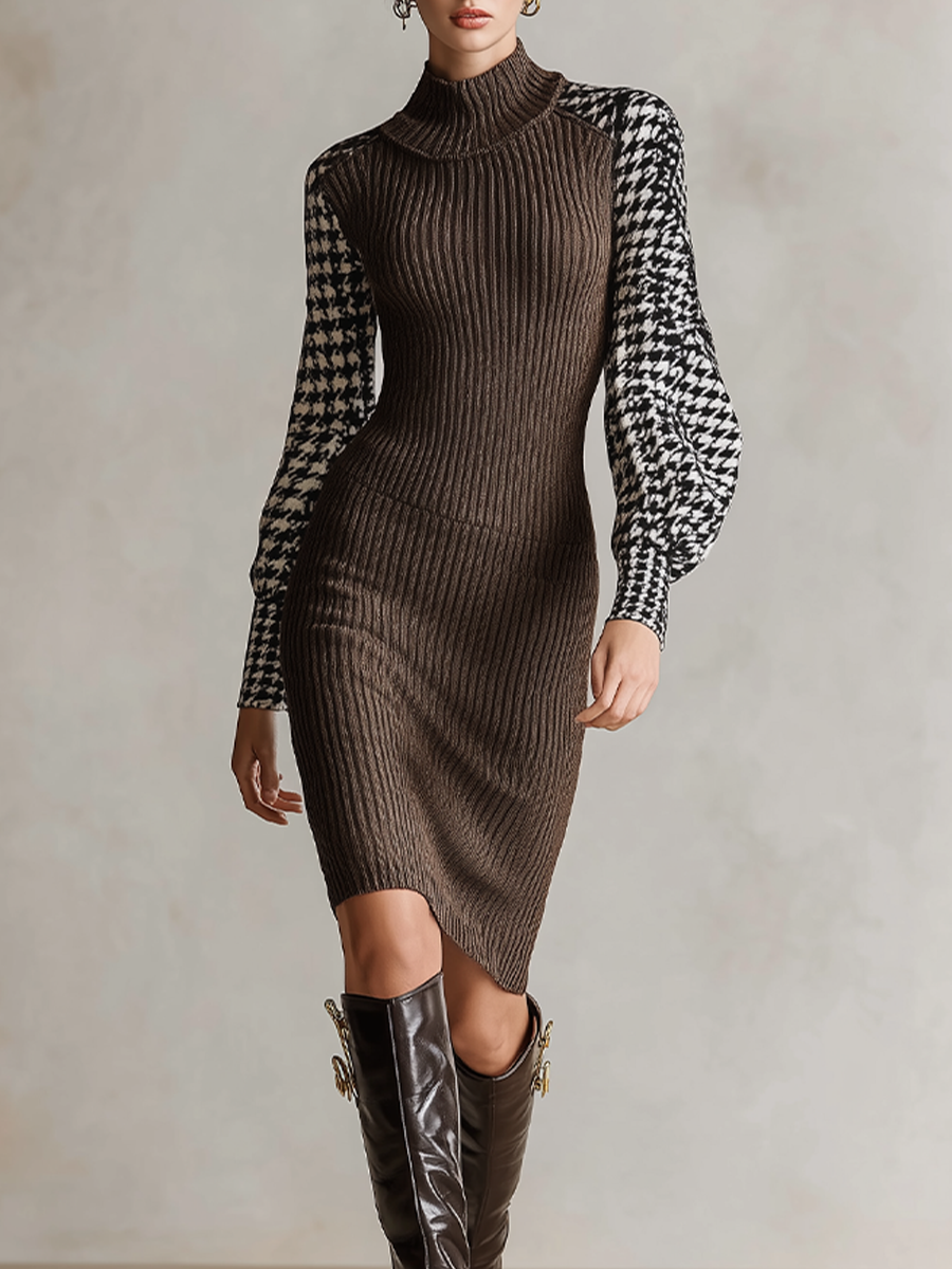 Women's Slim‑Fit Houndstooth Color‑Block Turtleneck Midi Sweater Dress MDZ0875I0LYL