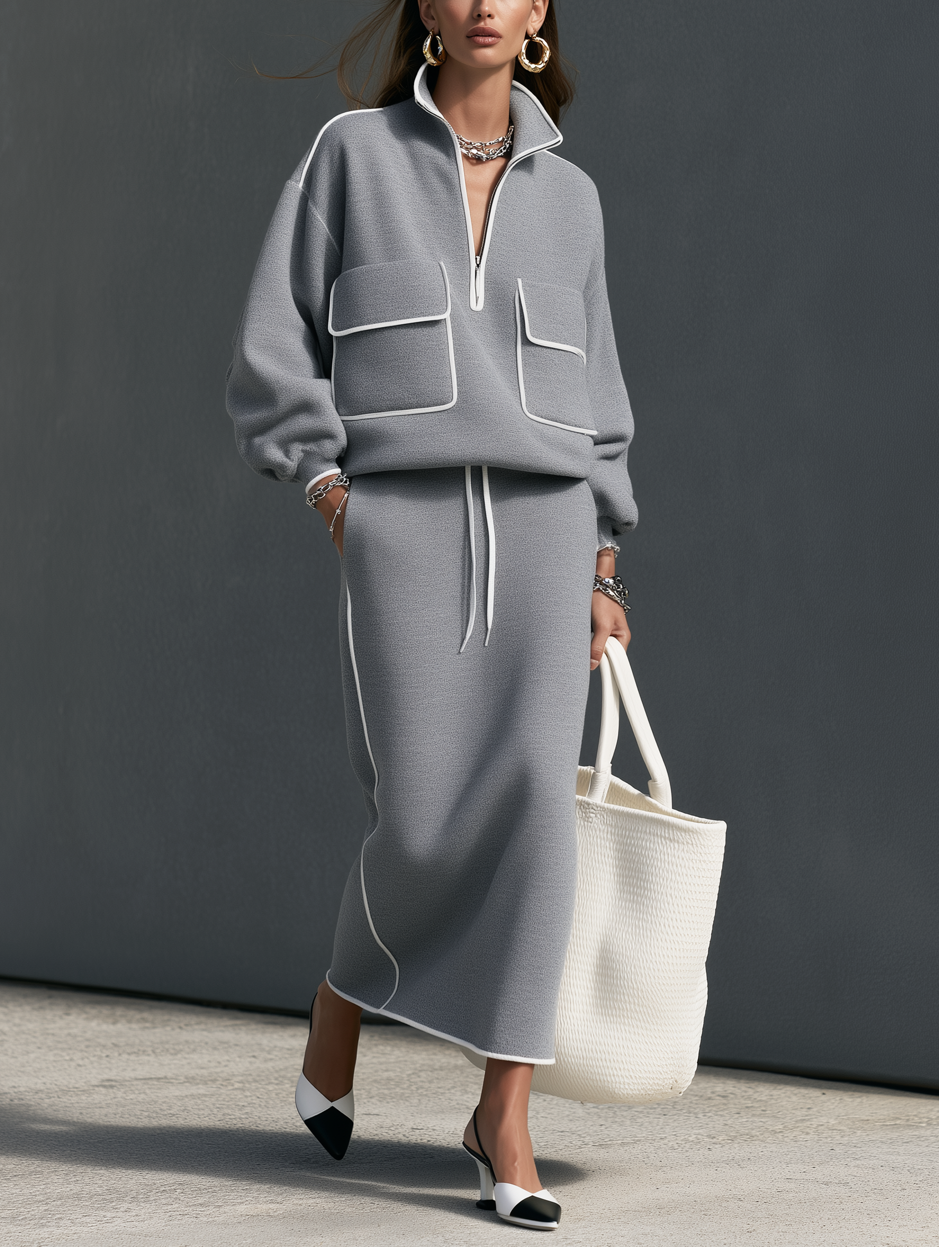 Women's Casual Grey Scuba-Knit Long-Sleeve Top And Skirt Two-Piece Set MDZ0832I3LXY
