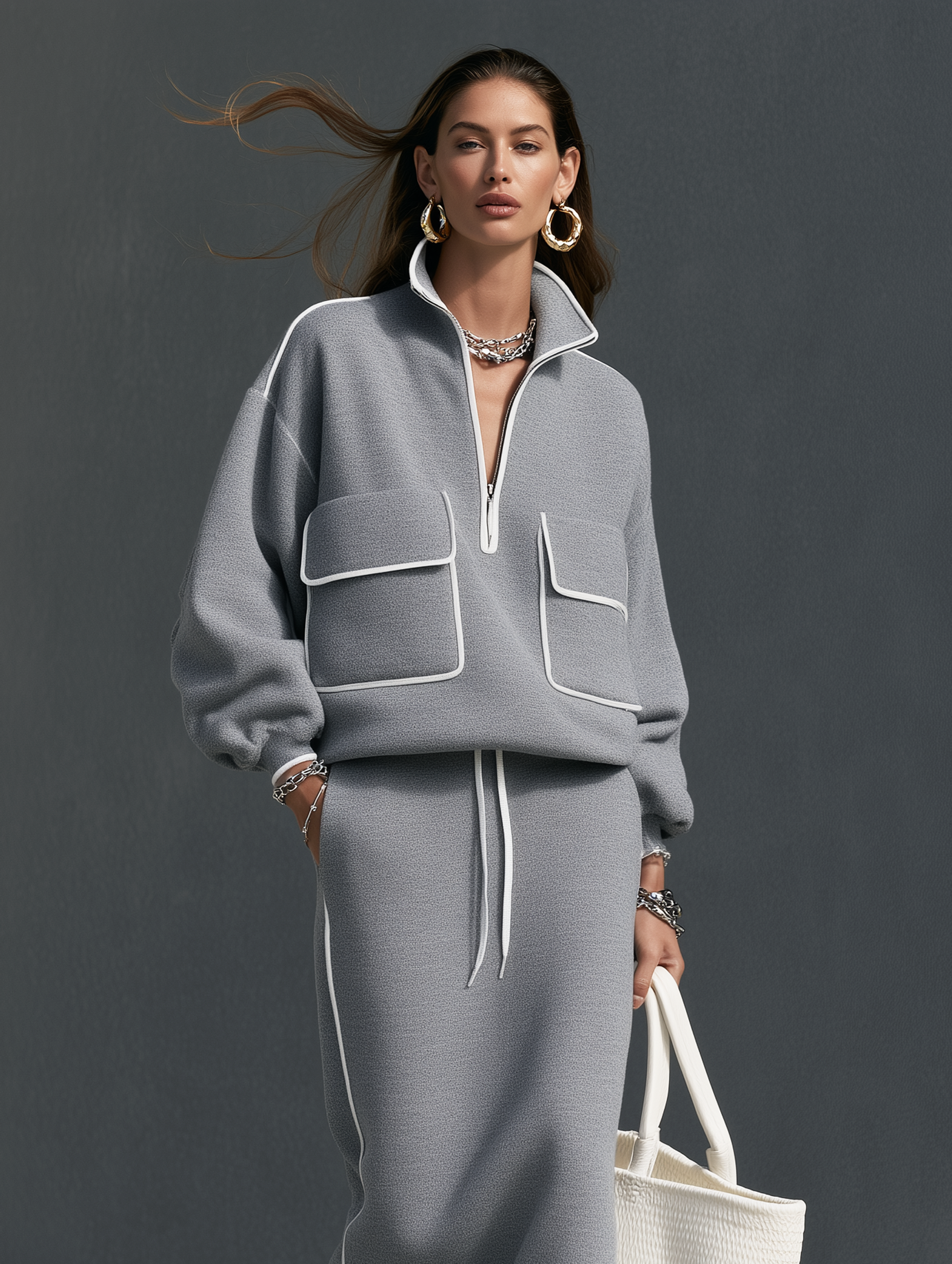 Women's Casual Grey Scuba-Knit Long-Sleeve Top And Skirt Two-Piece Set MDZ0832I3LXY