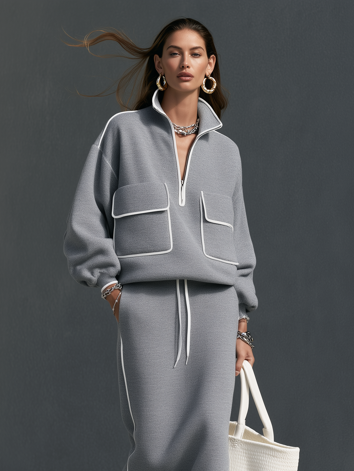 Women's Casual Grey Scuba-Knit Long-Sleeve Top And Skirt Two-Piece Set MDZ0832I3LXY