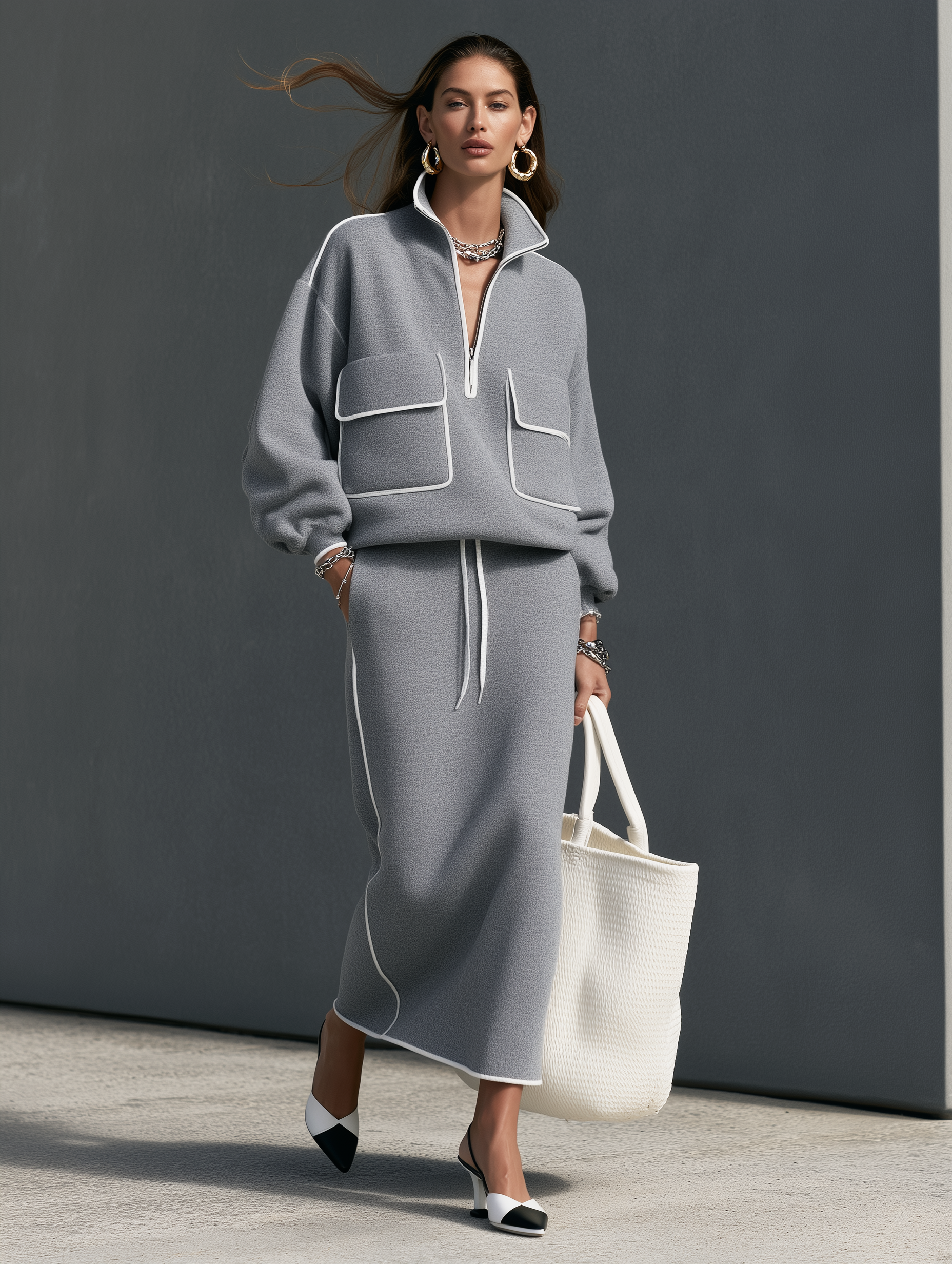 Women's Casual Grey Scuba-Knit Long-Sleeve Top And Skirt Two-Piece Set MDZ0832I3LXY