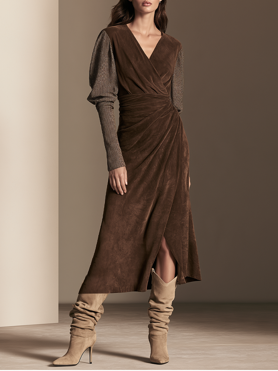 Women’s Mixed‑Fabric Surplice V‑Neck Wrap Dress MDZ0811I3LYL