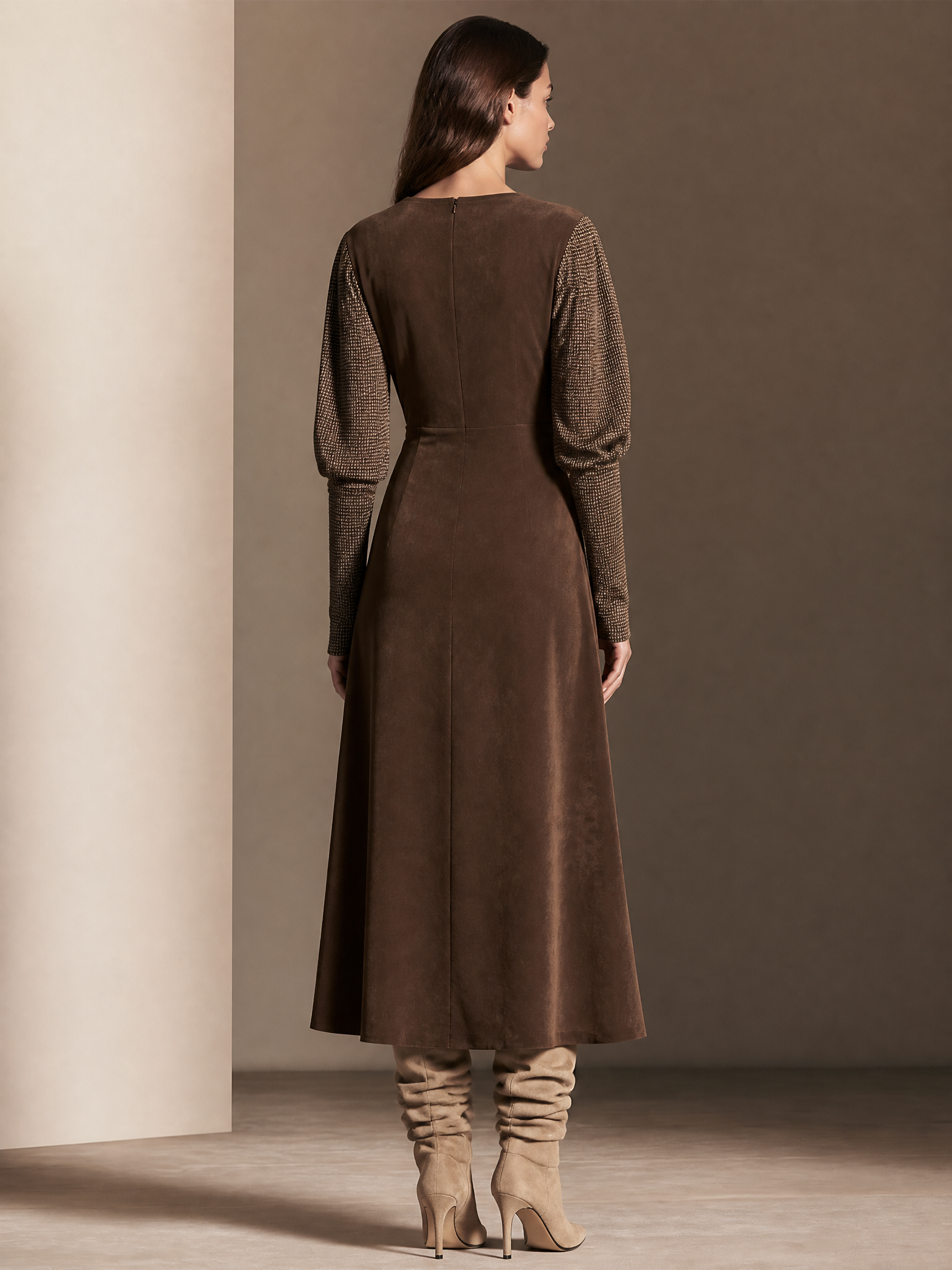 Women’s Mixed‑Fabric Surplice V‑Neck Wrap Dress MDZ0811I3LYL