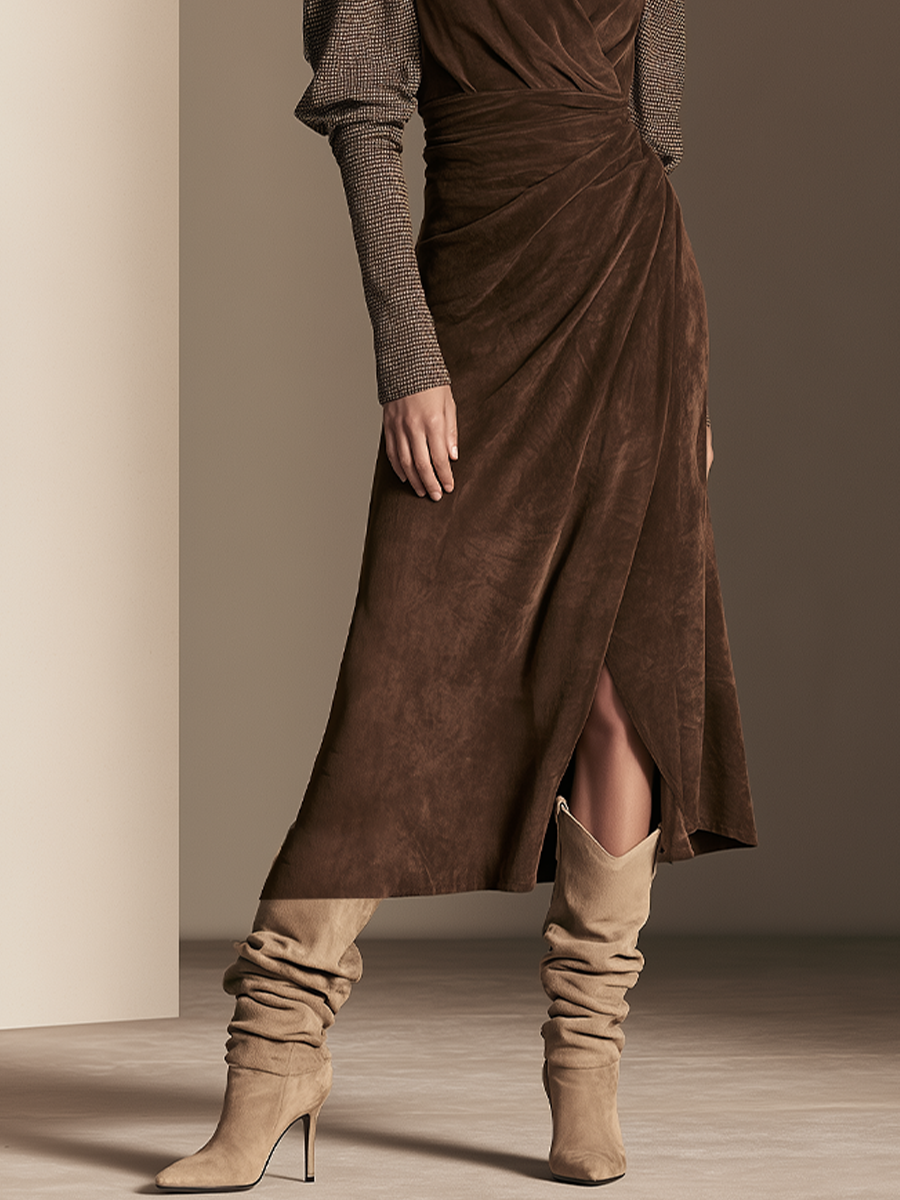 Women’s Mixed‑Fabric Surplice V‑Neck Wrap Dress MDZ0811I3LYL