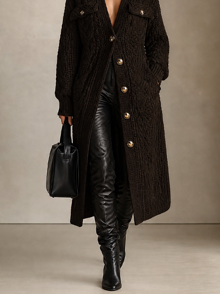 Women’s Collared Cable‑Knit Long Knit Cardigan MDZ0831I5LYL