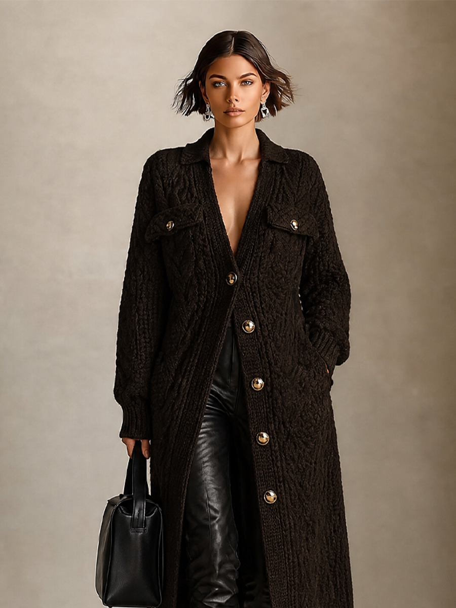 Women’s Collared Cable‑Knit Long Knit Cardigan MDZ0831I5LYL