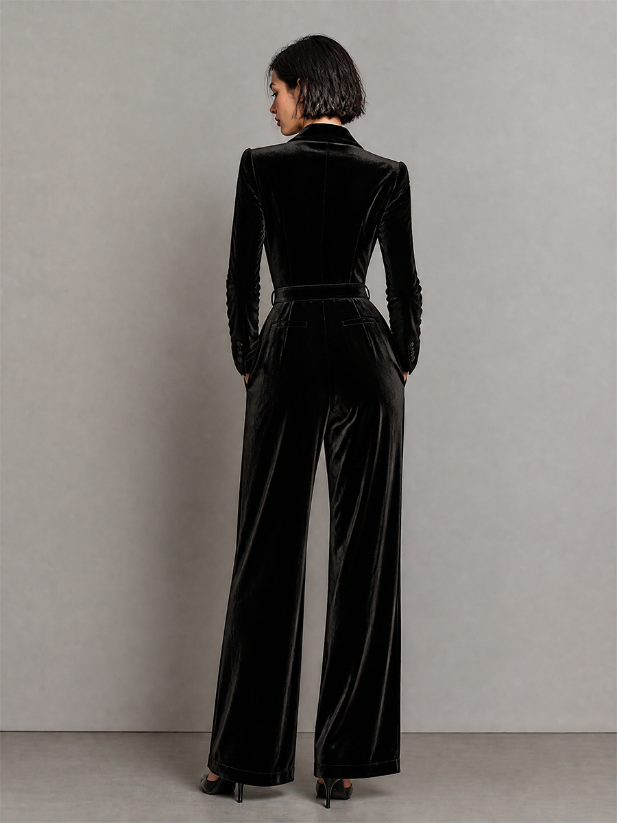 Women's Belted Velvet Blazer Lapel Wide‑Leg Jumpsuit MDZ0859I9LYL