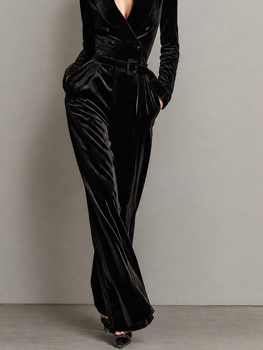 Women's Belted Velvet Blazer Lapel Wide‑Leg Jumpsuit MDZ0859I9LYL