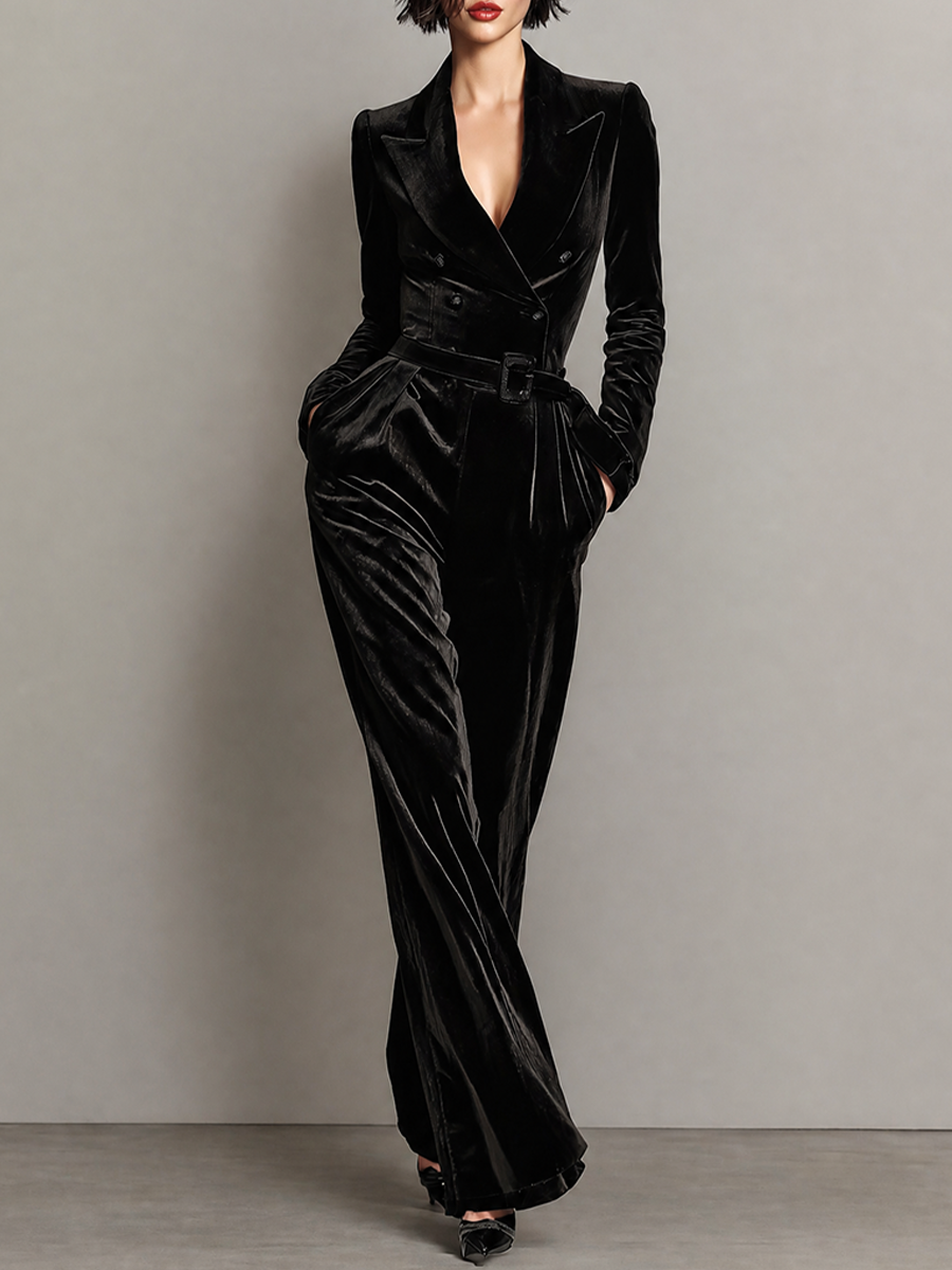 Women's Belted Velvet Blazer Lapel Wide‑Leg Jumpsuit MDZ0859I9LYL