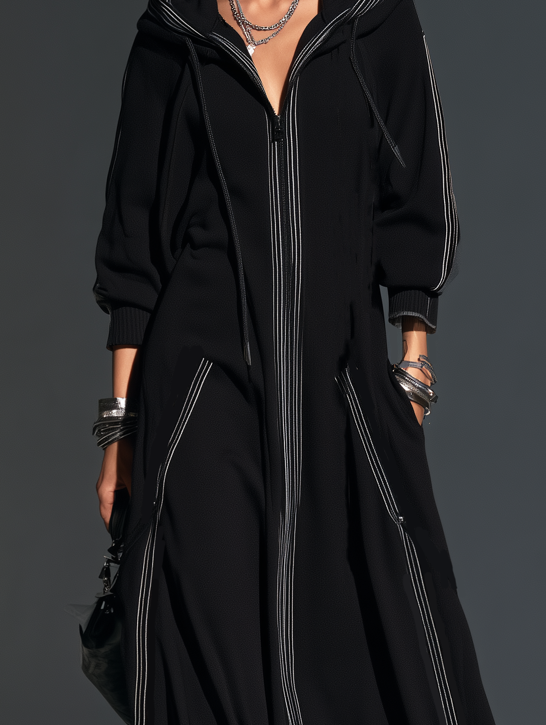 Women's Casual Black Long-Sleeve Hooded Long Coat In Sweatshirt Fabric MDZ0875I3LXY