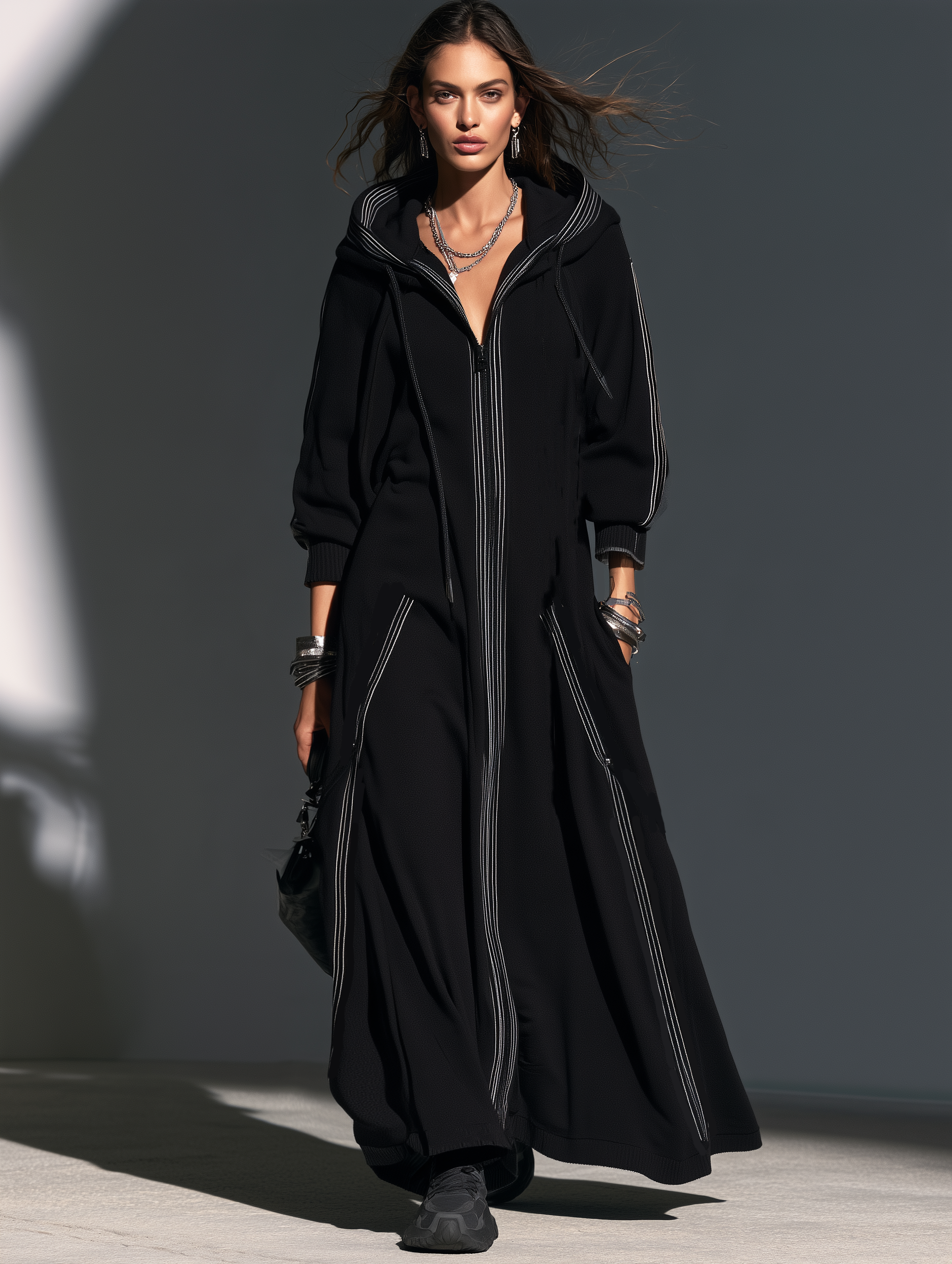Women's Casual Black Long-Sleeve Hooded Long Coat In Sweatshirt Fabric MDZ0875I3LXY