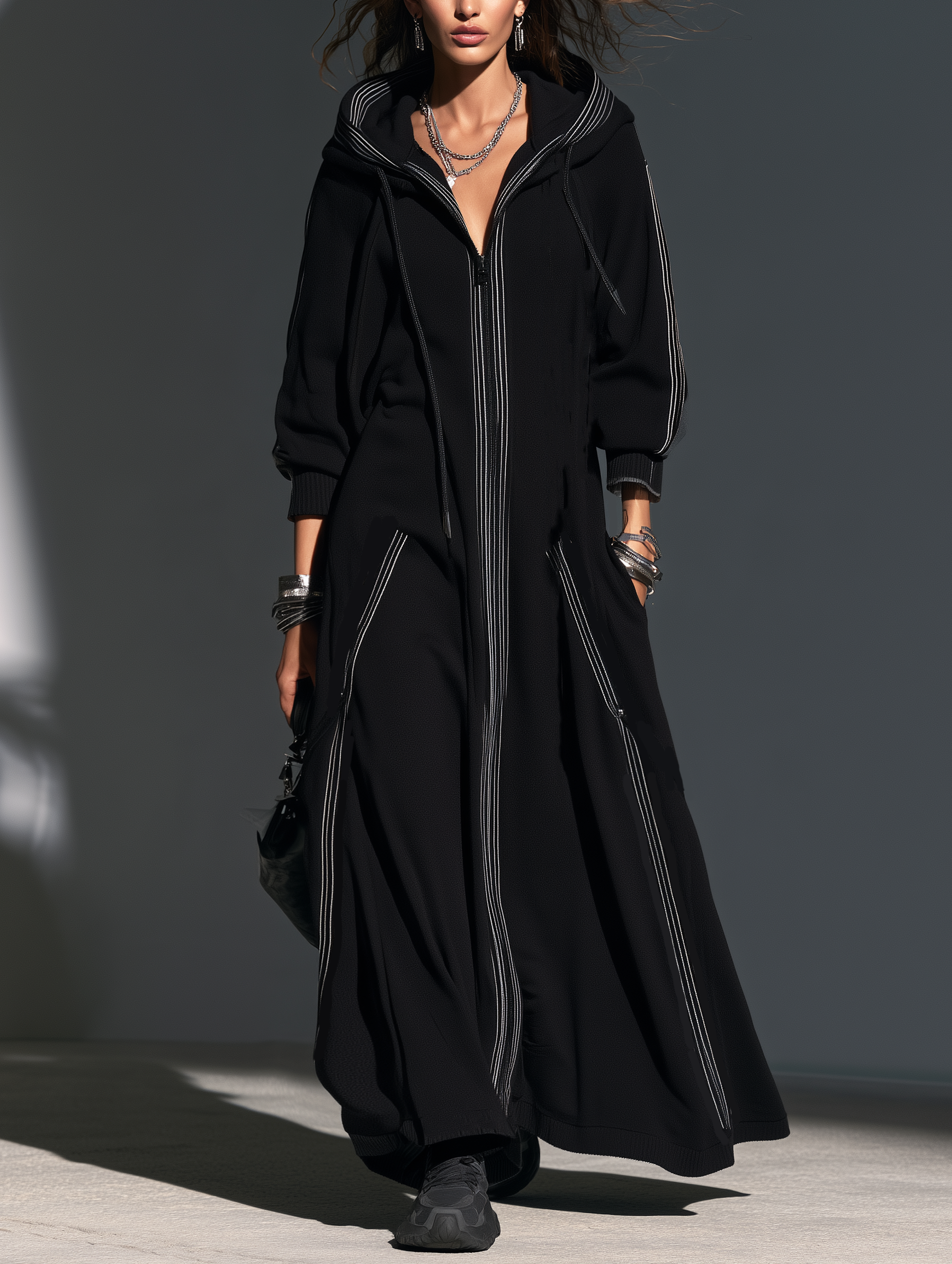 Women's Casual Black Long-Sleeve Hooded Long Coat In Sweatshirt Fabric MDZ0875I3LXY