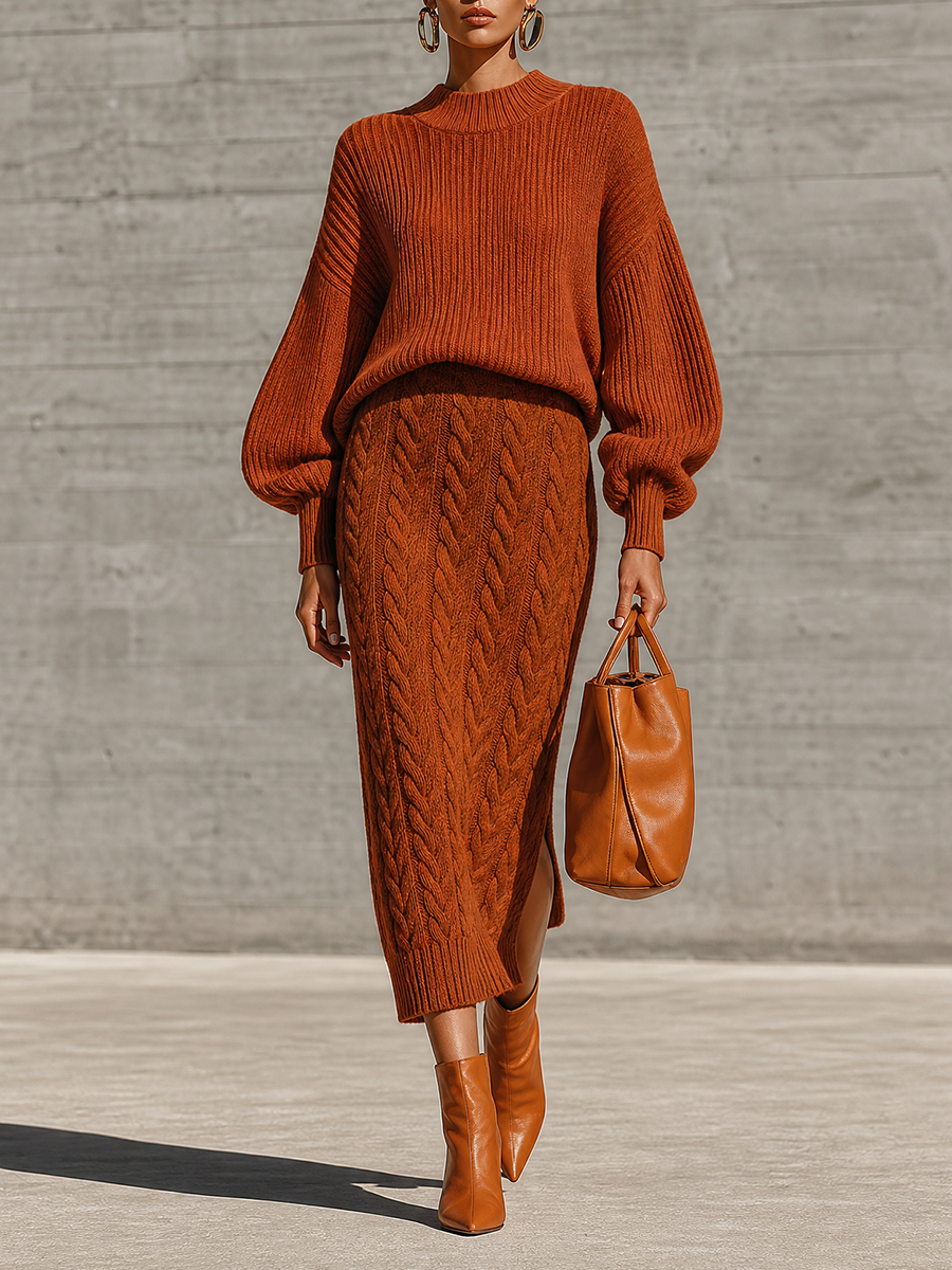Women's Ribbed Balloon Sleeve Rust Sweater Skirt Set MDZ0823I7YZJ