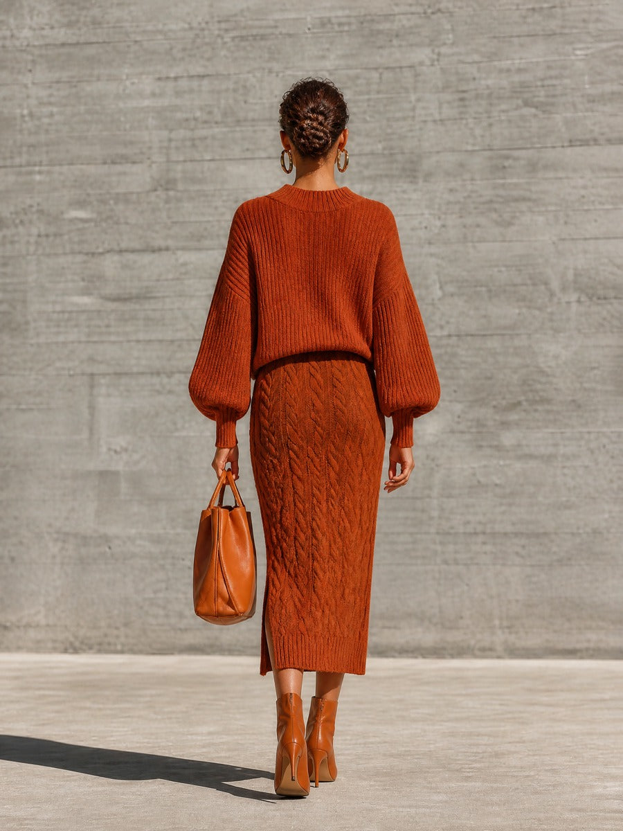 Women's Ribbed Balloon Sleeve Rust Sweater Skirt Set MDZ0823I7YZJ