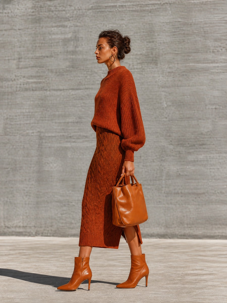 Women's Ribbed Balloon Sleeve Rust Sweater Skirt Set MDZ0823I7YZJ