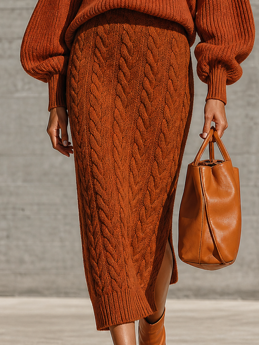 Women's Ribbed Balloon Sleeve Rust Sweater Skirt Set MDZ0823I7YZJ