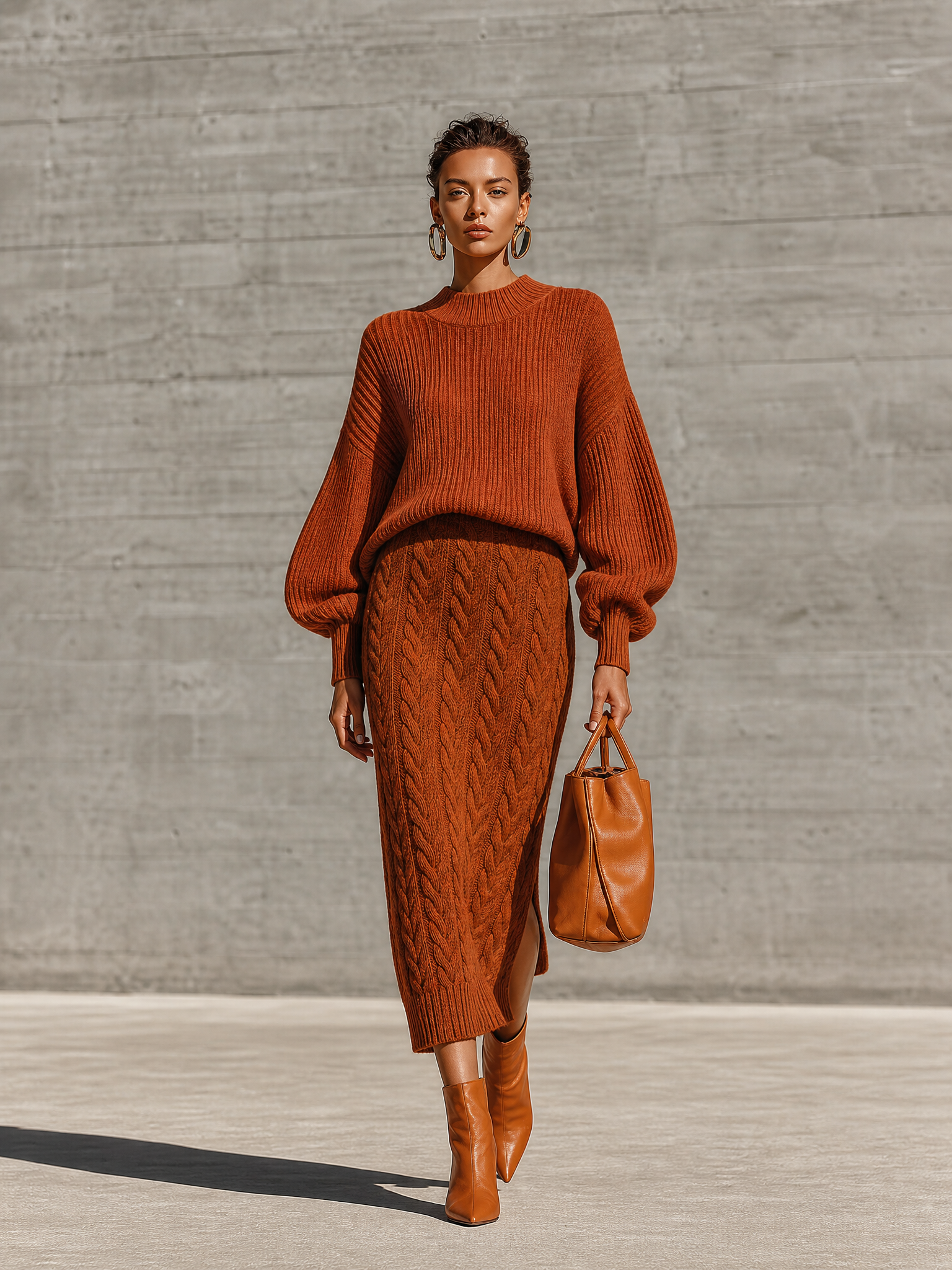 Women's Ribbed Balloon Sleeve Rust Sweater Skirt Set MDZ0823I7YZJ