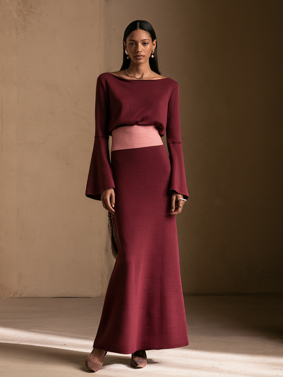 Women's Contrast Waistband Elegant Boat Neck Bell Sleeve Maxi Dress MDZ0899I6GMJ