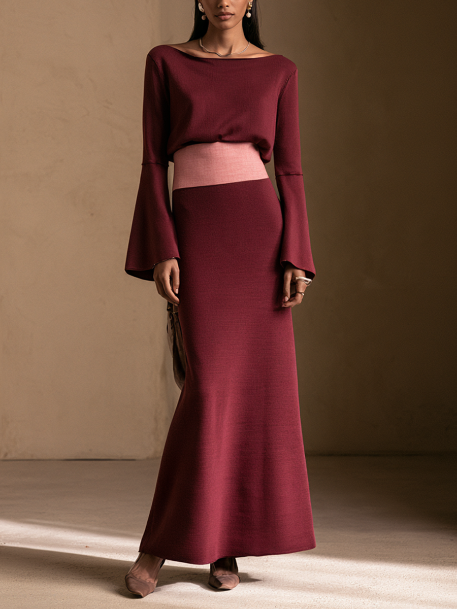 Women's Contrast Waistband Elegant Boat Neck Bell Sleeve Maxi Dress MDZ0899I6GMJ