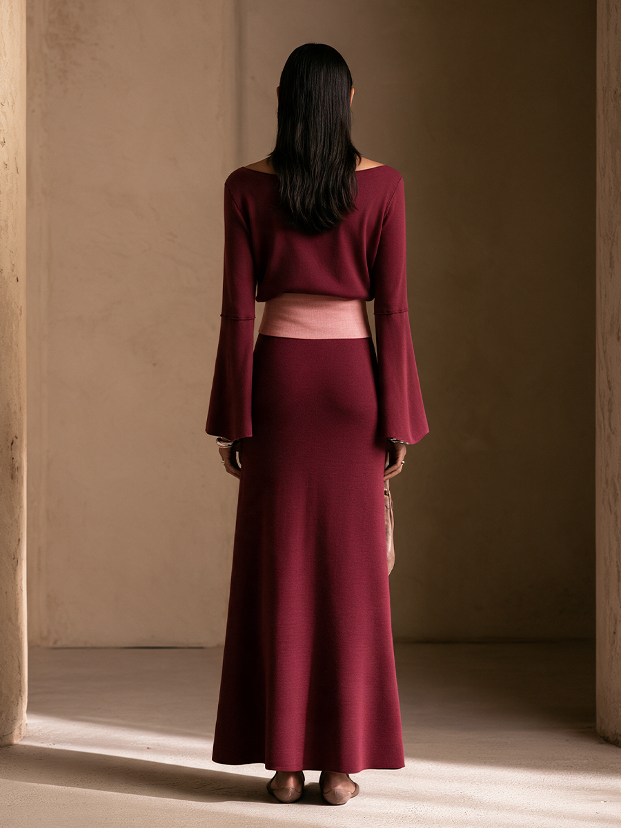 Women's Contrast Waistband Elegant Boat Neck Bell Sleeve Maxi Dress MDZ0899I6GMJ